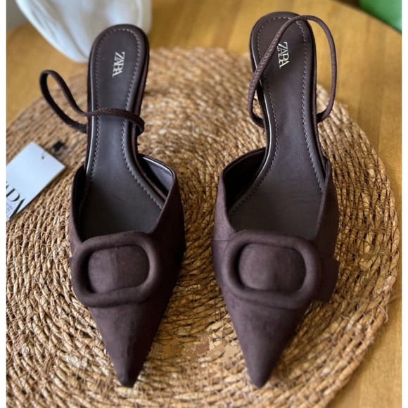 ZARA Dark Brown Pointed Toe Slingback Heels NWT Size 6.5 - Picture 4 of 16